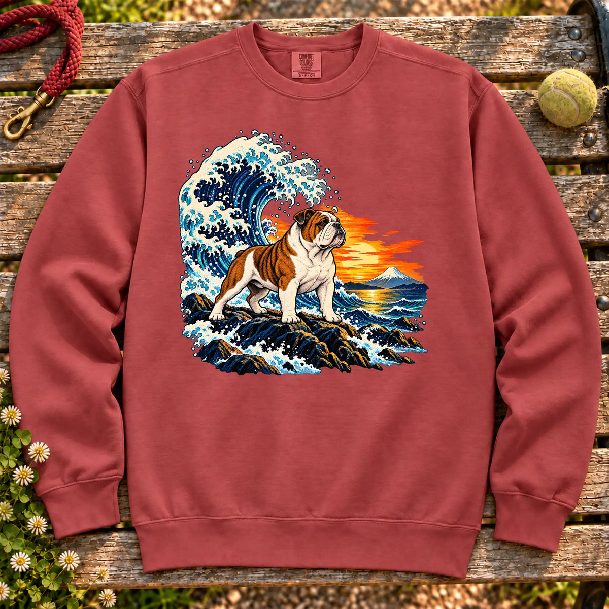 Bulldog dog with ocean waves, sunset and Mount Fuji on a Crimson Comfort Colors sweatshirt