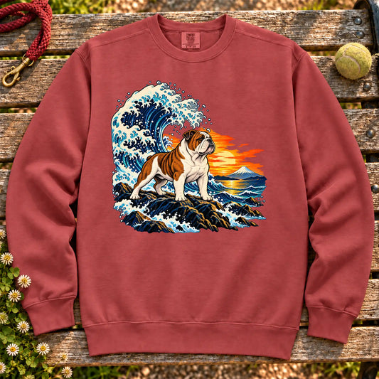 Bulldog dog with ocean waves, sunset and Mount Fuji on a Crimson Comfort Colors sweatshirt