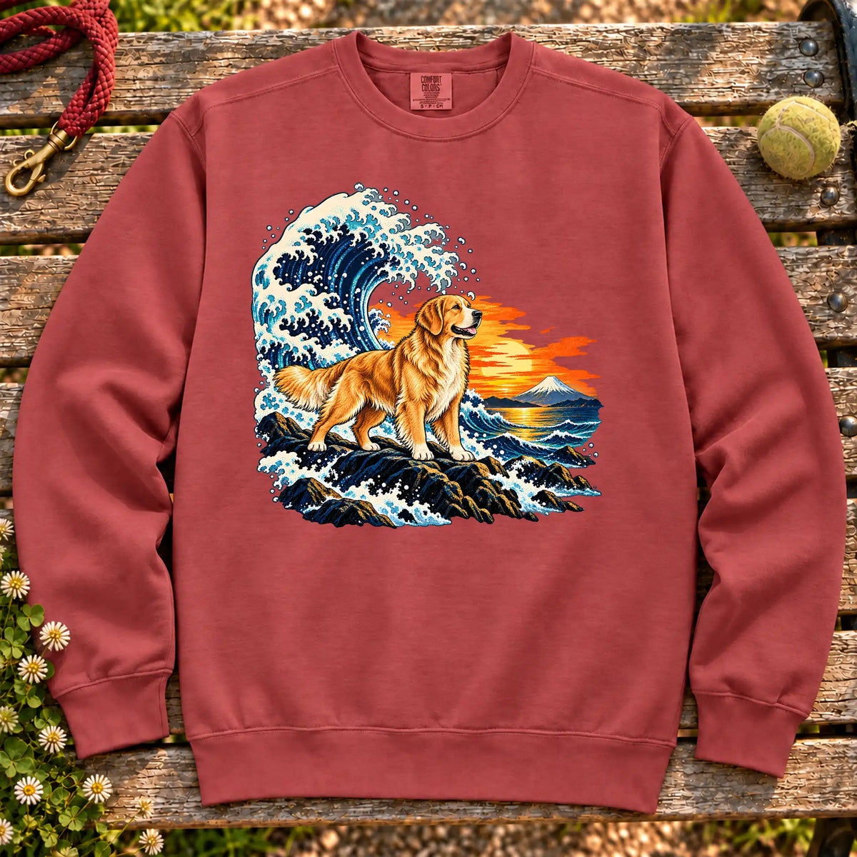 Golden Retriever dog with ocean waves, sunset and Mount Fuji on a Crimson Comfort Colors sweatshirt