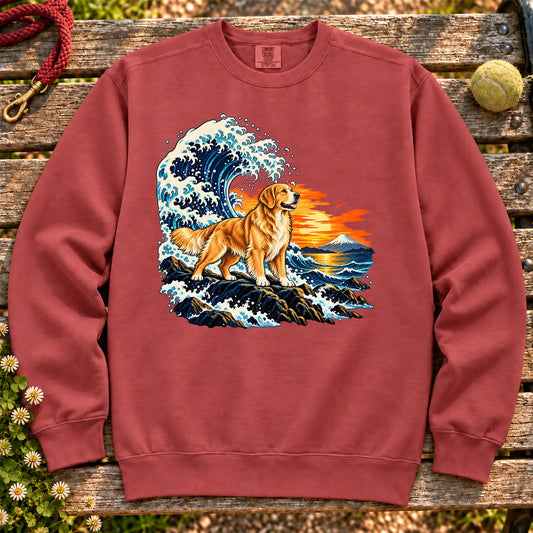 Golden Retriever dog with ocean waves, sunset and Mount Fuji on a Crimson Comfort Colors sweatshirt