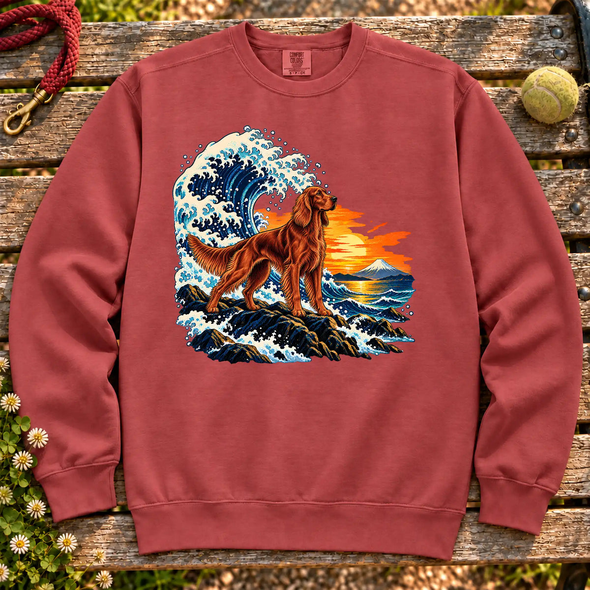 Irish Setter dog with ocean waves, sunset and Mount Fuji on a Crimson Comfort Colors sweatshirt