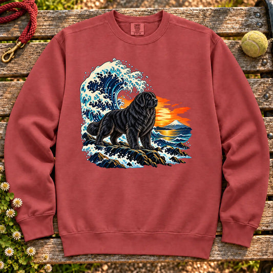 Newfie dog with ocean waves, sunset and Mount Fuji on a Crimson Comfort Colors sweatshirt