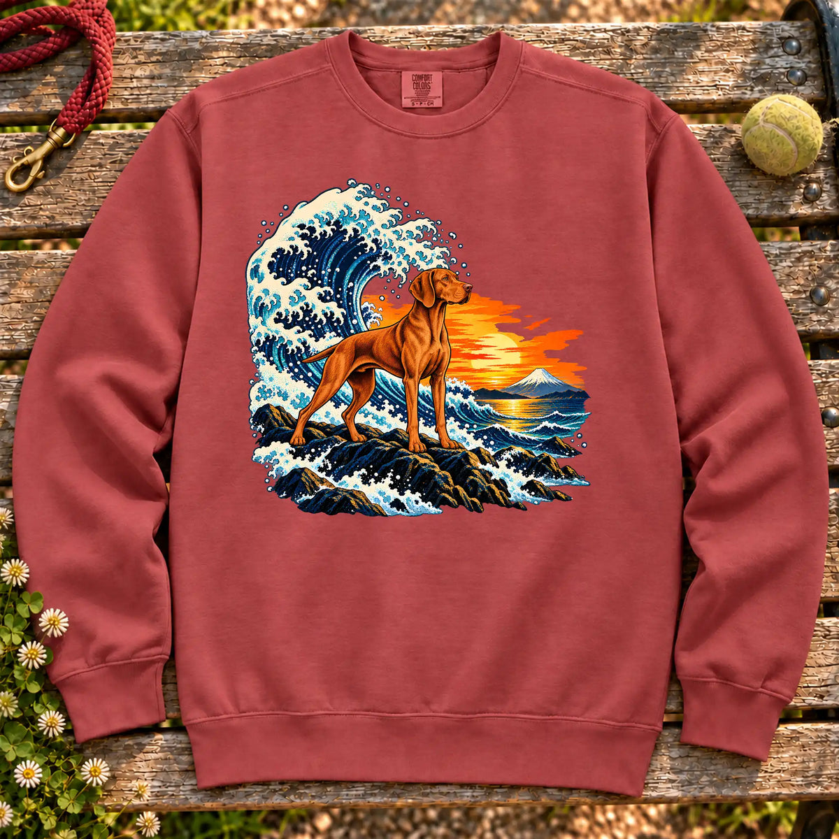 Vizsla dog with ocean waves, sunset and Mount Fuji on a Crimson Comfort Colors sweatshirt