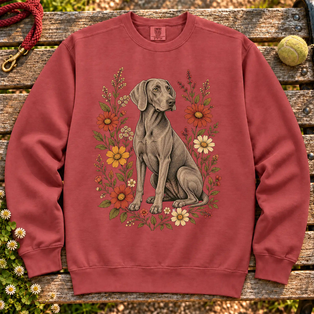 Weimaraner surrounded by wildflowers on a Crimson Comfort Colors® sweatshirt
