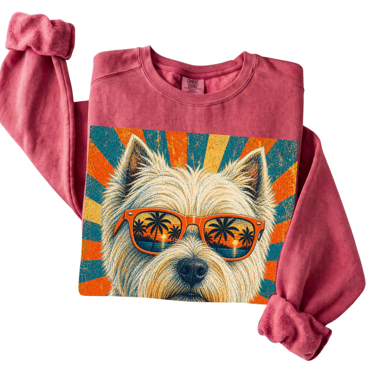 Folded Crimson Comfort Colors sweatshirt with a Retro Westie Dad design