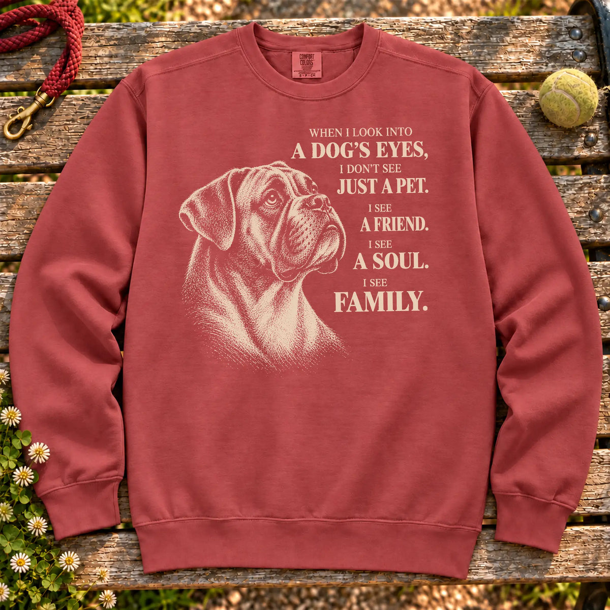 Crimson Comfort Colors® sweatshirt featuring the Boxer More Than a Pet design.