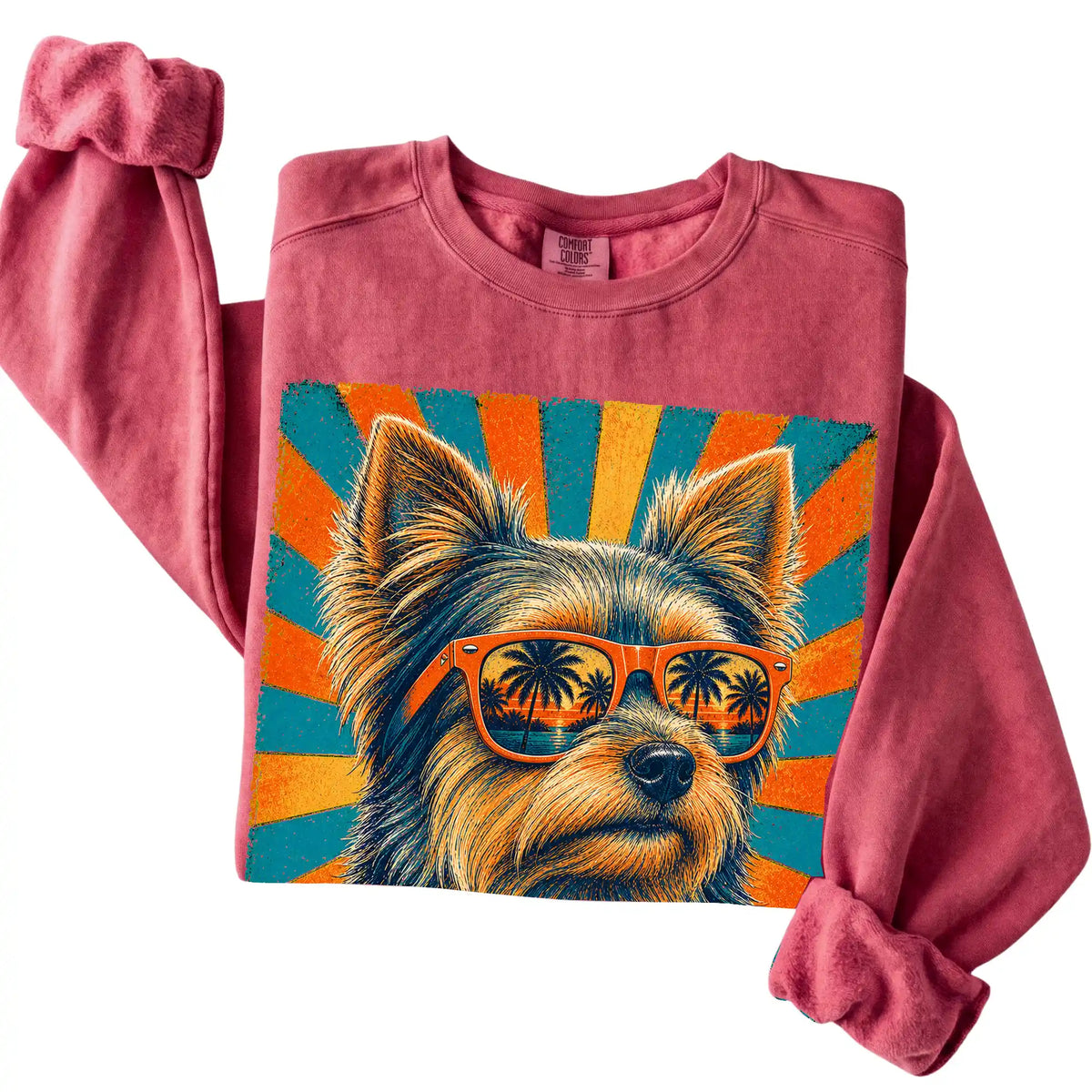Folded Crimson Comfort Colors sweatshirt with a Retro Yorkie Dad design