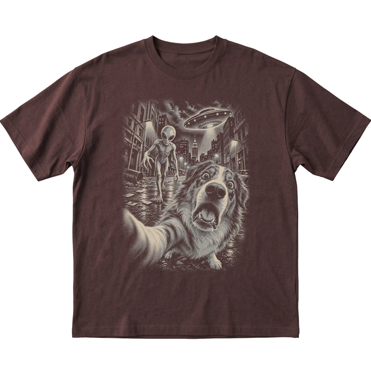 Australian Shepherd Alien Selfie Gildan Softstyle T-Shirt in Dark Chocolate, flat view