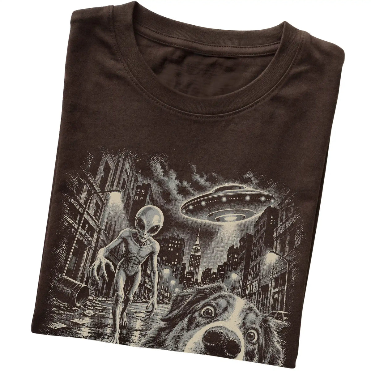 Australian Shepherd Alien Selfie Gildan Softstyle T-Shirt in Dark Chocolate, folded view