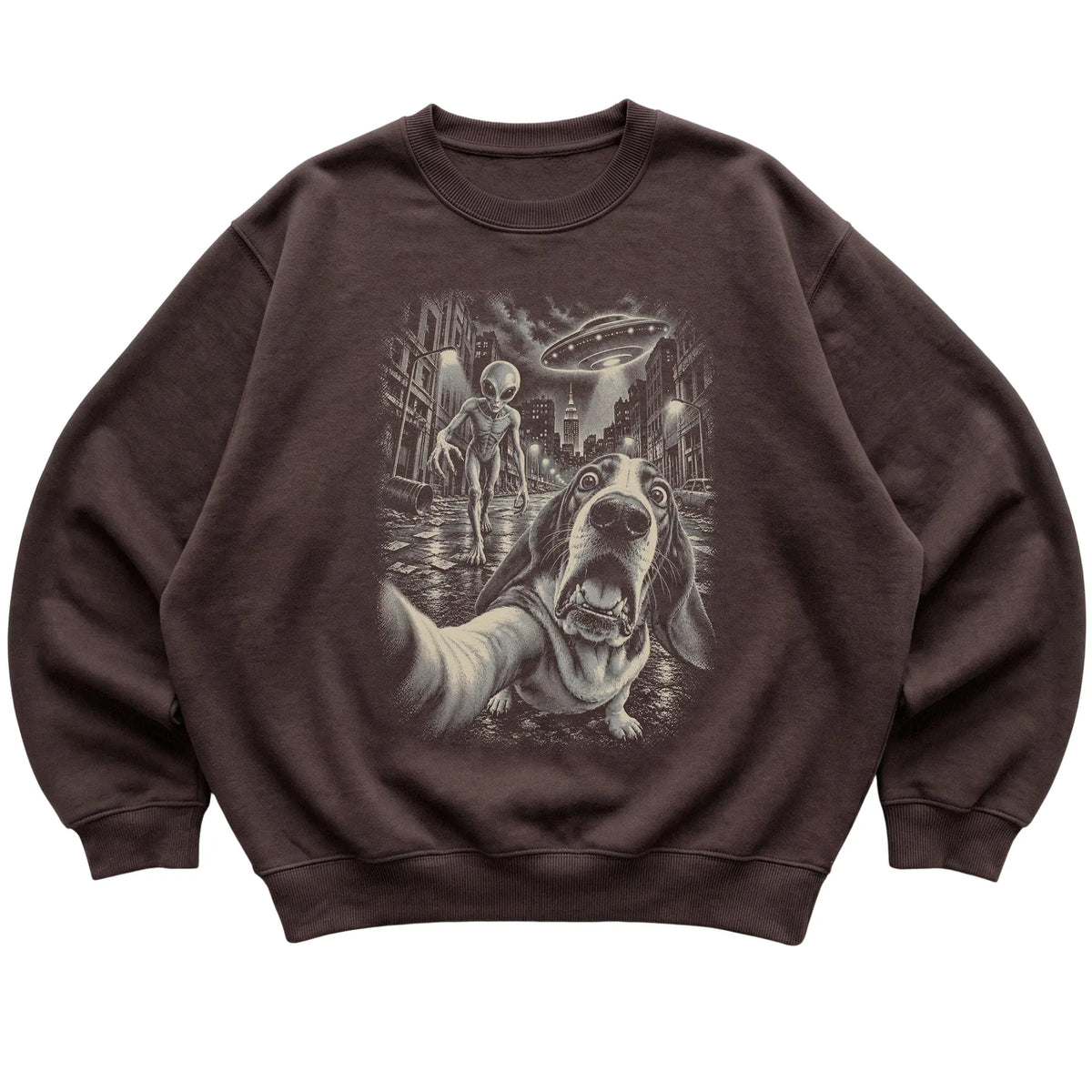Basset Hound Alien Selfie Gildan Crewneck Sweatshirt in Dark Chocolate, flat view
