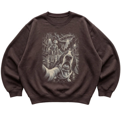 Basset Hound Alien Selfie Gildan Crewneck Sweatshirt in Dark Chocolate, flat view