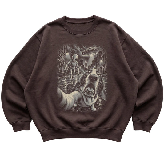 Basset Hound Alien Selfie Gildan Crewneck Sweatshirt in Dark Chocolate, flat view