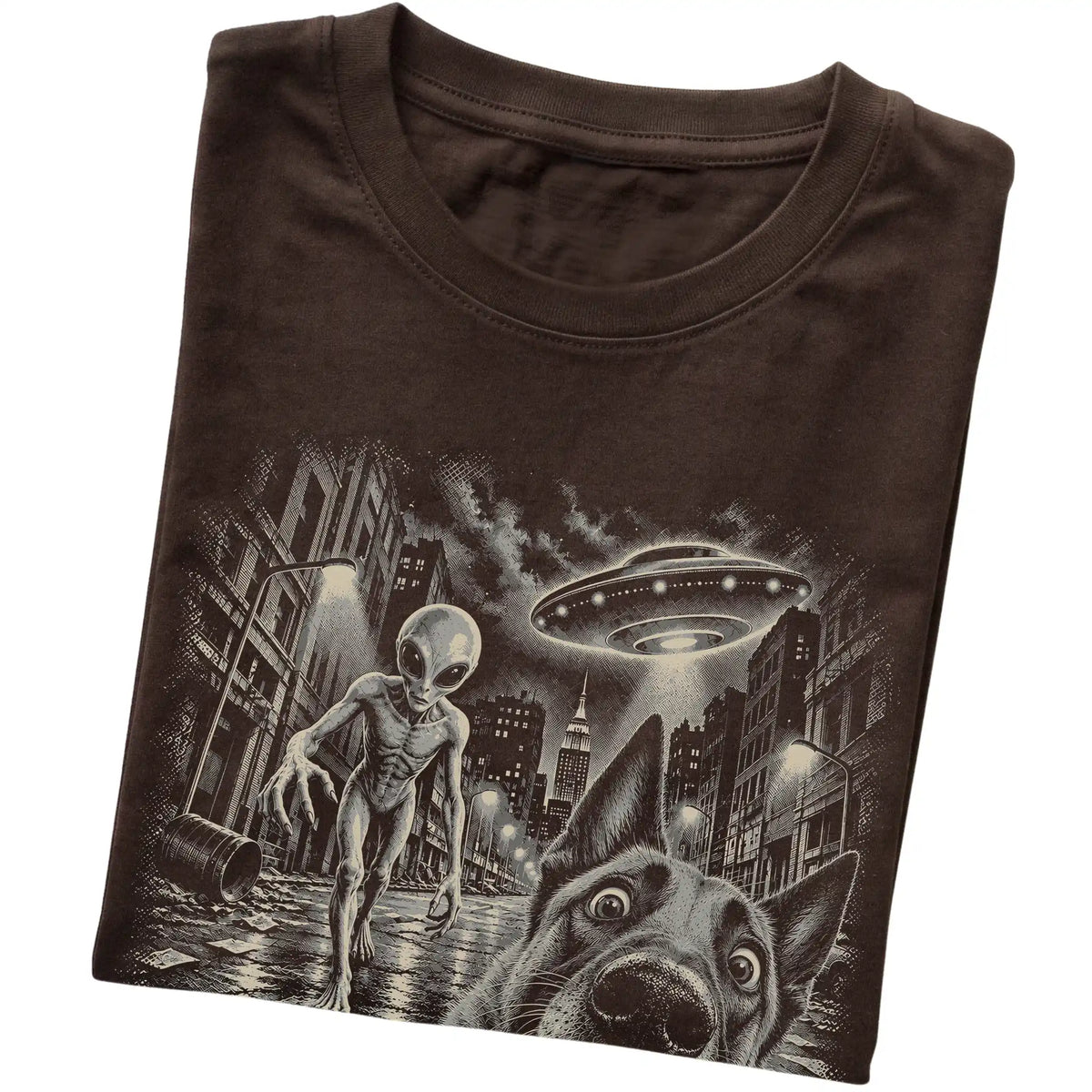Belgian Malinois Alien Selfie Gildan Softstyle T-Shirt in Dark Chocolate, folded view