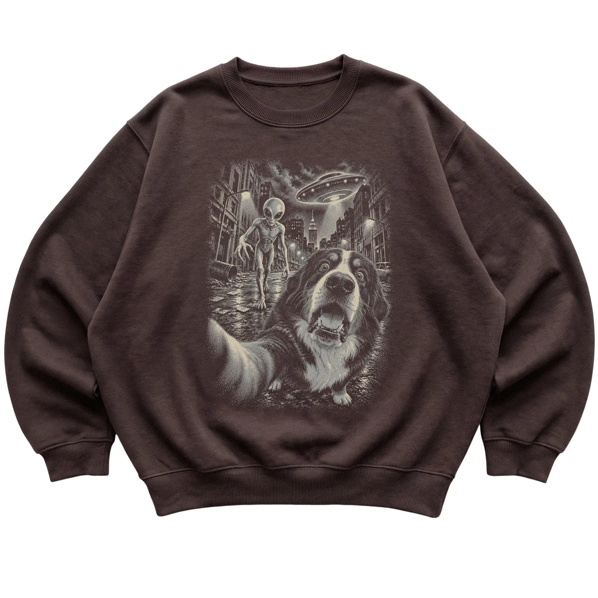 Bernese Mountain Dog Alien Selfie Gildan Crewneck Sweatshirt in Dark Chocolate, flat view