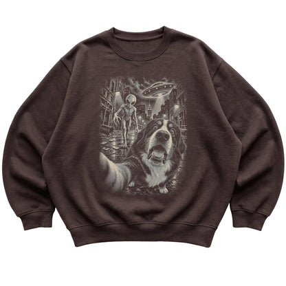 Bernese Mountain Dog Alien Selfie Gildan Crewneck Sweatshirt in Dark Chocolate, flat view