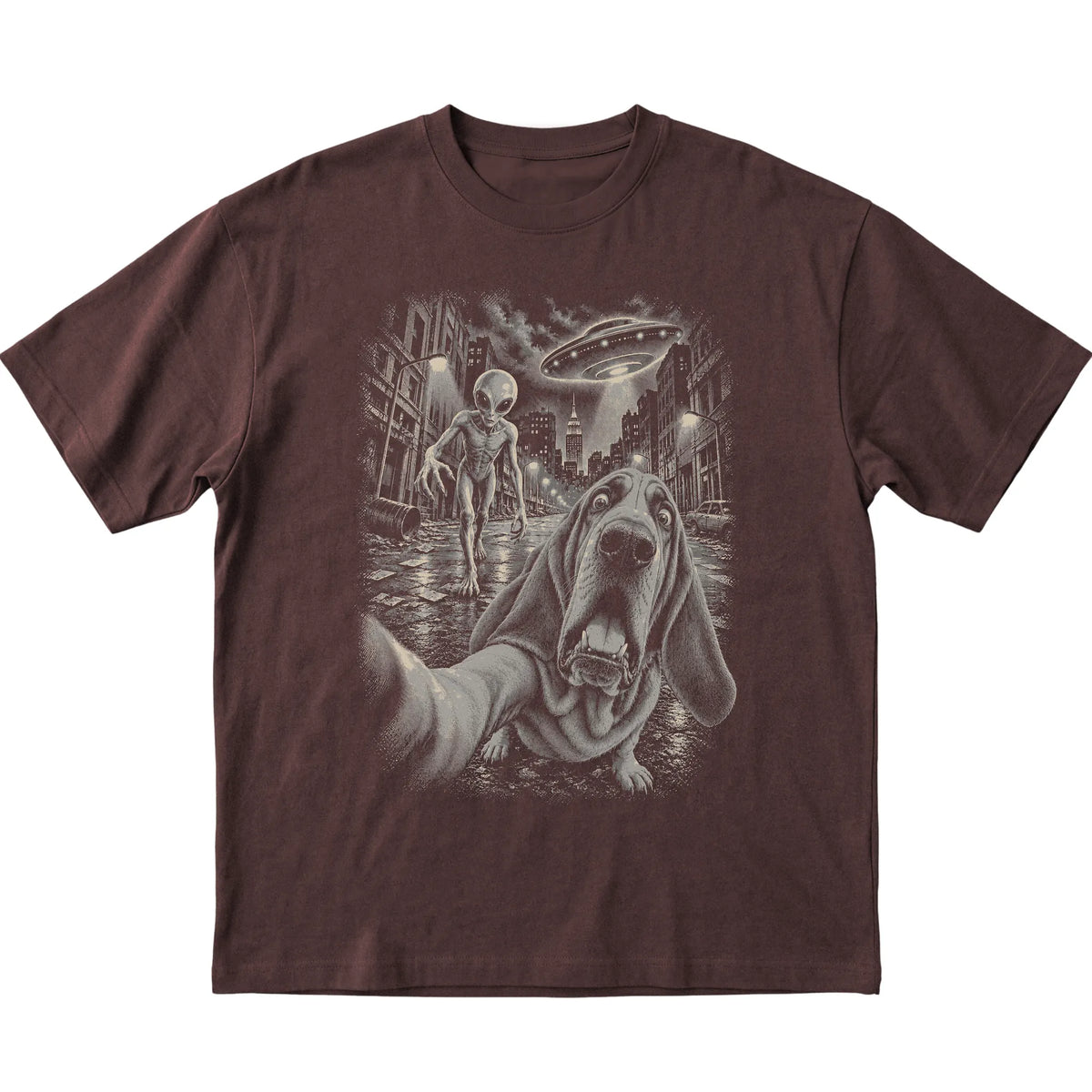 Bloodhound Alien Selfie Gildan Softstyle T-Shirt in Dark Chocolate, flat view