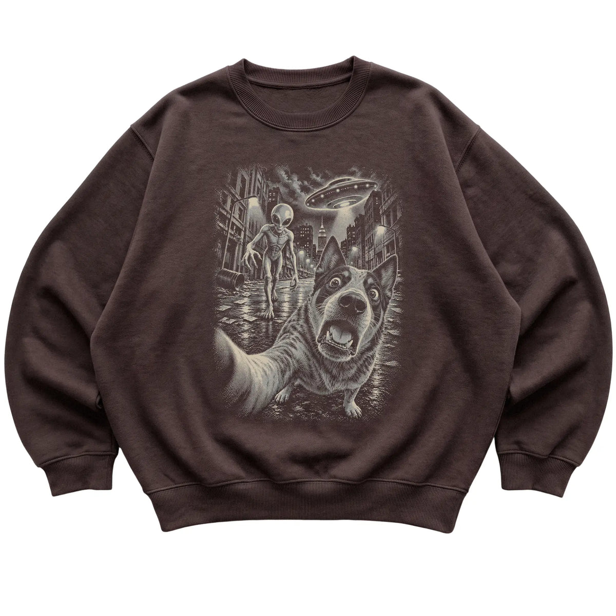 Blue Heeler Alien Selfie Gildan Crewneck Sweatshirt in Dark Chocolate, flat view