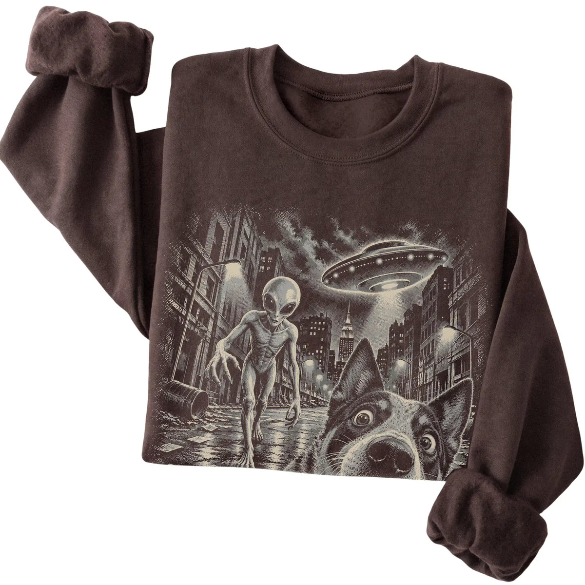 Blue Heeler Alien Selfie Gildan Crewneck Sweatshirt in Dark Chocolate, folded view