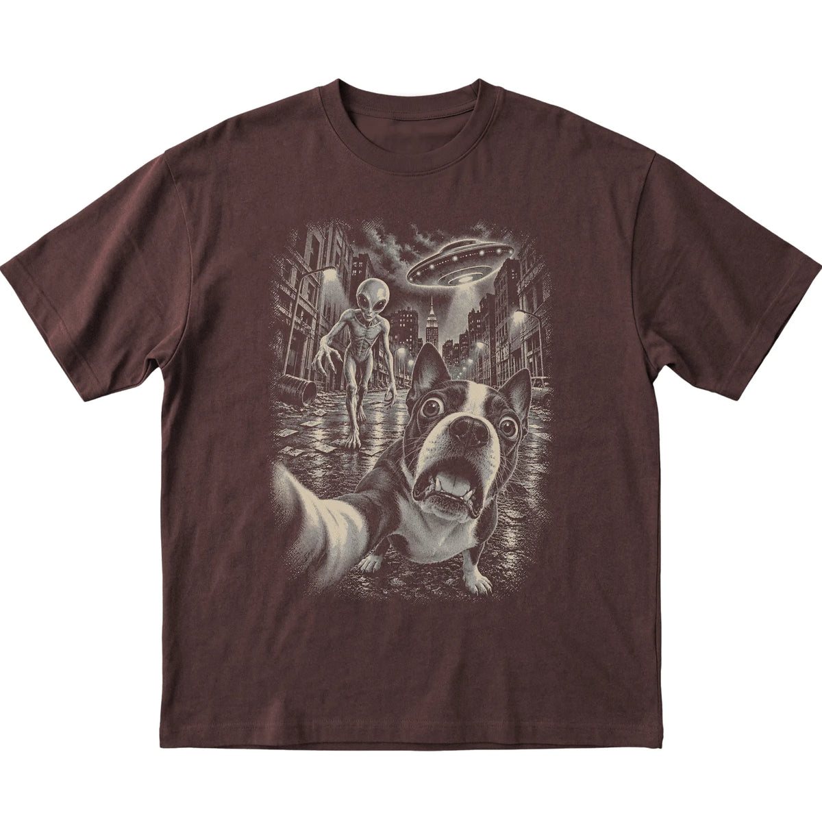 Boston Terrier Alien Selfie Gildan Softstyle T-Shirt in Dark Chocolate, flat view