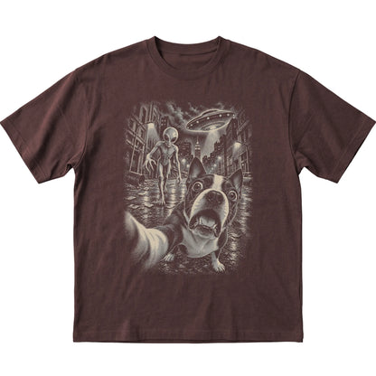 Boston Terrier Alien Selfie Gildan Softstyle T-Shirt in Dark Chocolate, flat view