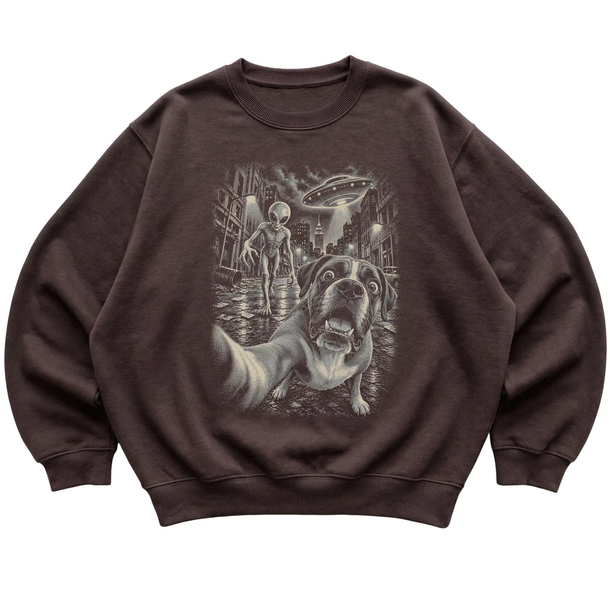 Boxer Alien Selfie Gildan Crewneck Sweatshirt in Dark Chocolate, flat view