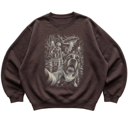 Boxer Alien Selfie Gildan Crewneck Sweatshirt in Dark Chocolate, flat view