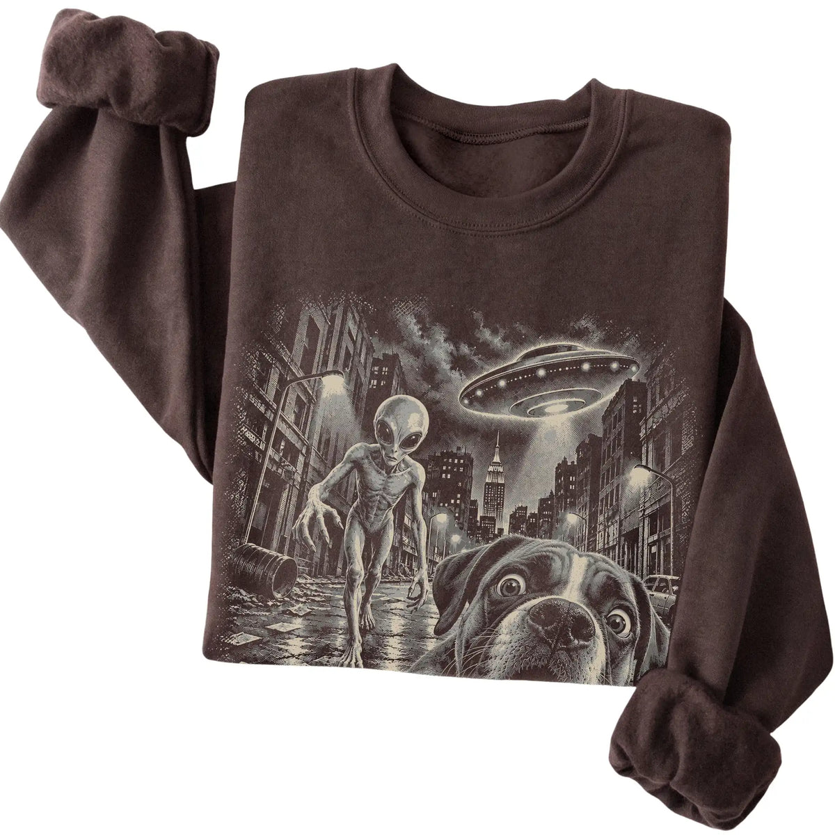 Boxer Alien Selfie Gildan Crewneck Sweatshirt in Dark Chocolate, folded view