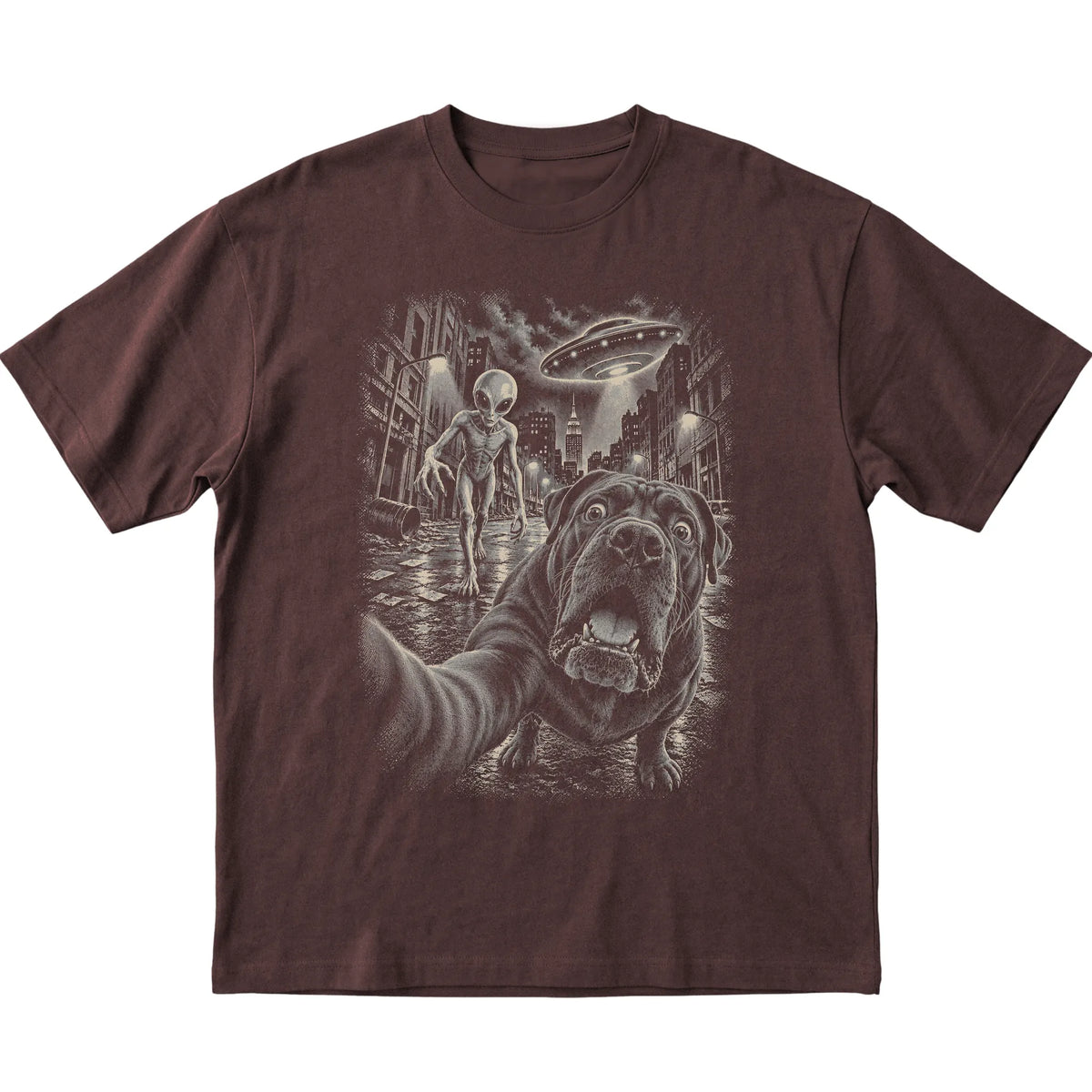 Cane Corso Alien Selfie Gildan Softstyle T-Shirt in Dark Chocolate, flat view