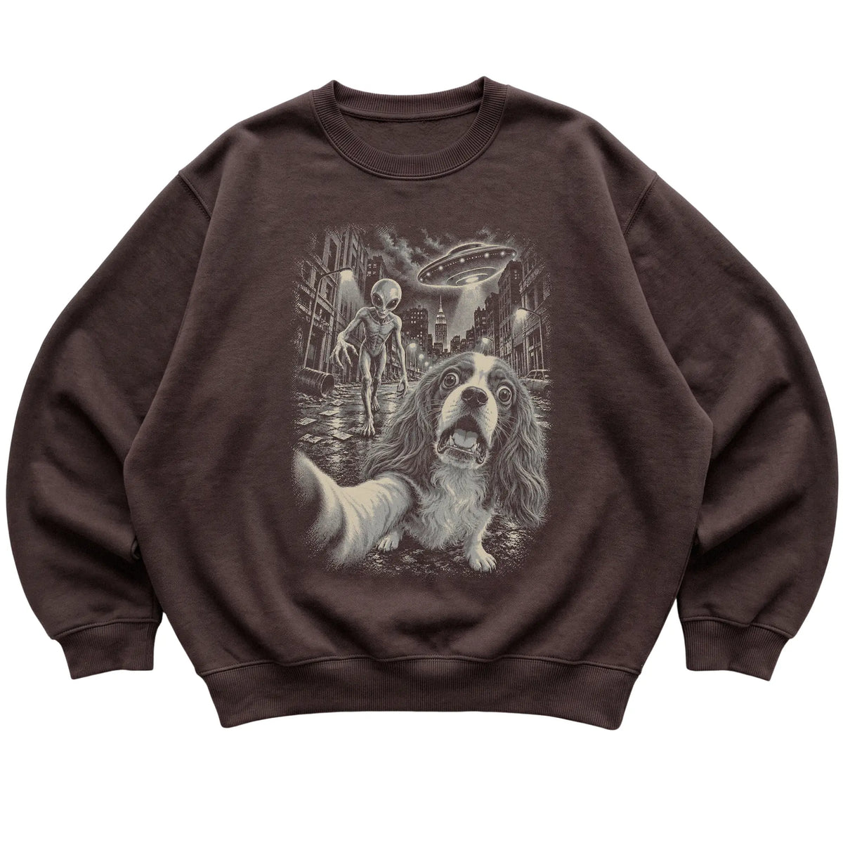 Cavalier King Charles Spaniel Alien Selfie Gildan Crewneck Sweatshirt in Dark Chocolate, flat view