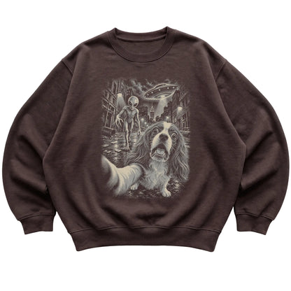 Cavalier King Charles Spaniel Alien Selfie Gildan Crewneck Sweatshirt in Dark Chocolate, flat view
