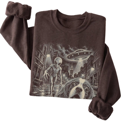 Cavalier King Charles Spaniel Alien Selfie Gildan Crewneck Sweatshirt in Dark Chocolate, folded view