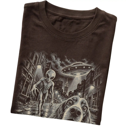 Cocker Spaniel Alien Selfie Gildan Softstyle T-Shirt in Dark Chocolate, folded view