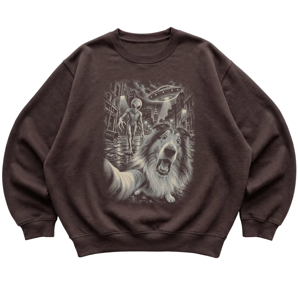 Collie Alien Selfie Gildan Crewneck Sweatshirt in Dark Chocolate, flat view