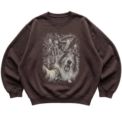 Collie Alien Selfie Gildan Crewneck Sweatshirt in Dark Chocolate, flat view