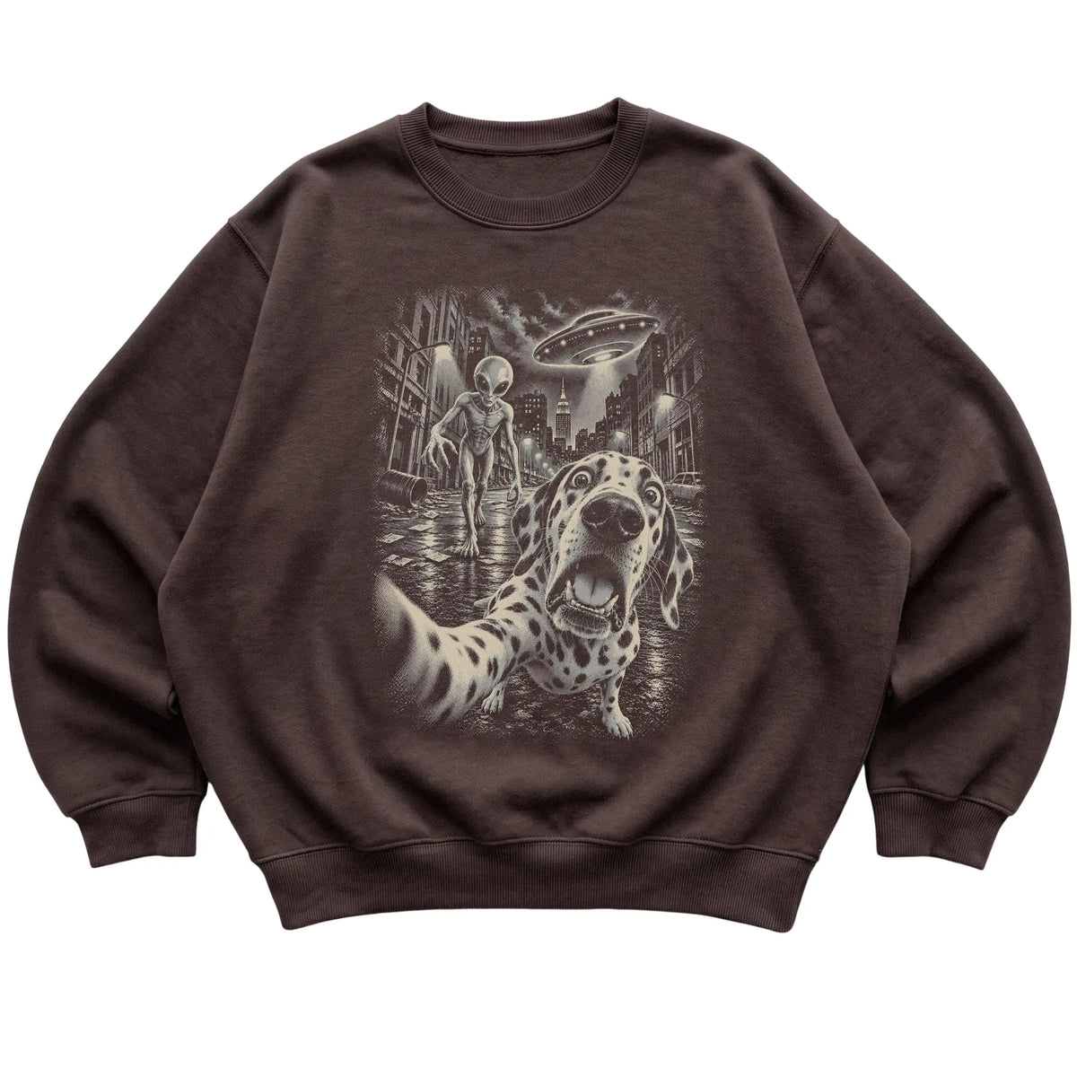 Dalmatian Alien Selfie Gildan Crewneck Sweatshirt in Dark Chocolate, flat view