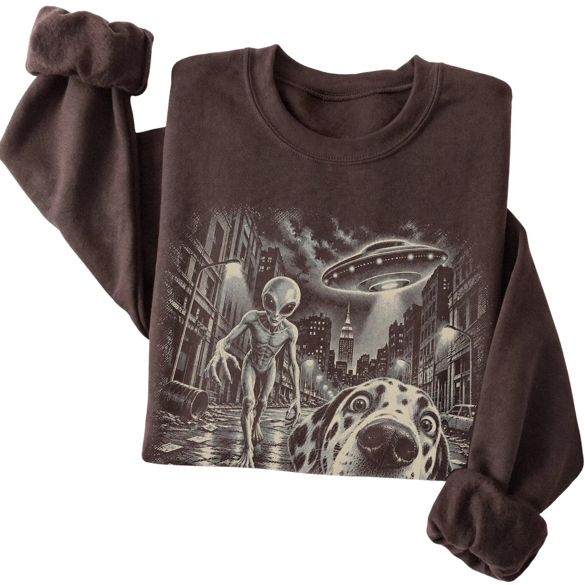 Dalmatian Alien Selfie Gildan Crewneck Sweatshirt in Dark Chocolate, folded view