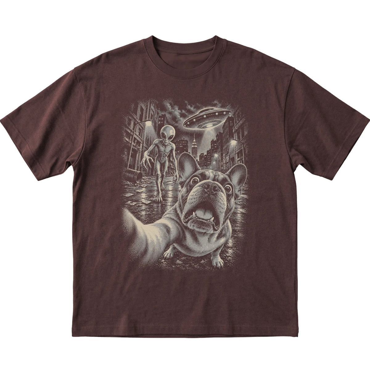 French Bulldog Alien Selfie Gildan Softstyle T-Shirt in Dark Chocolate, flat view