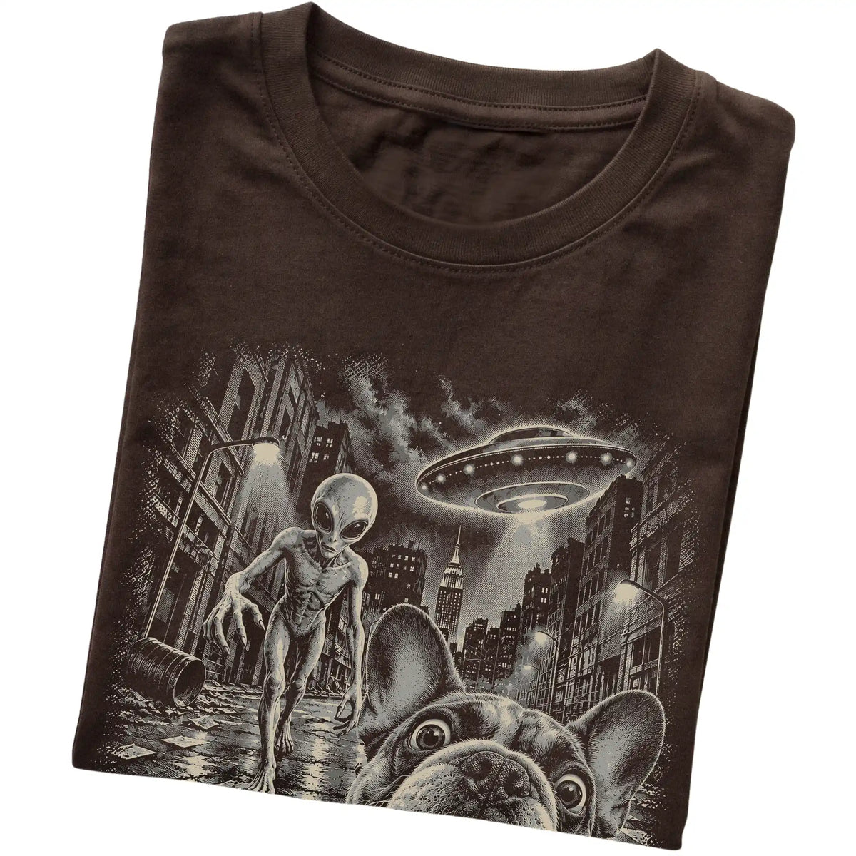 French Bulldog Alien Selfie Gildan Softstyle T-Shirt in Dark Chocolate, folded view