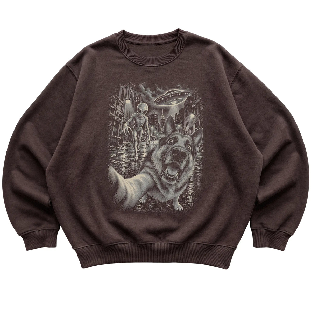 German Shepherd Alien Selfie Gildan Crewneck Sweatshirt in Dark Chocolate, flat view