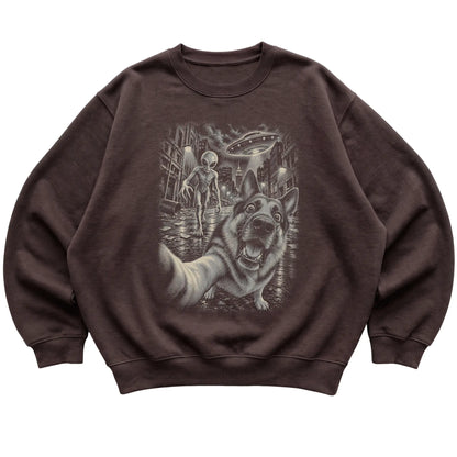 German Shepherd Alien Selfie Gildan Crewneck Sweatshirt in Dark Chocolate, flat view