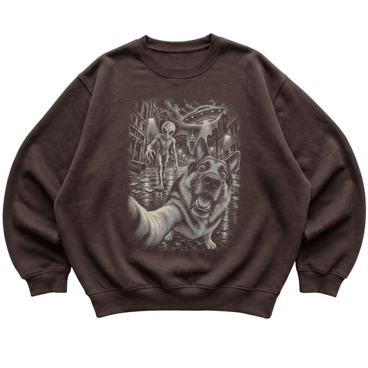 German Shepherd Alien Selfie Gildan Crewneck Sweatshirt in Dark Chocolate, flat view