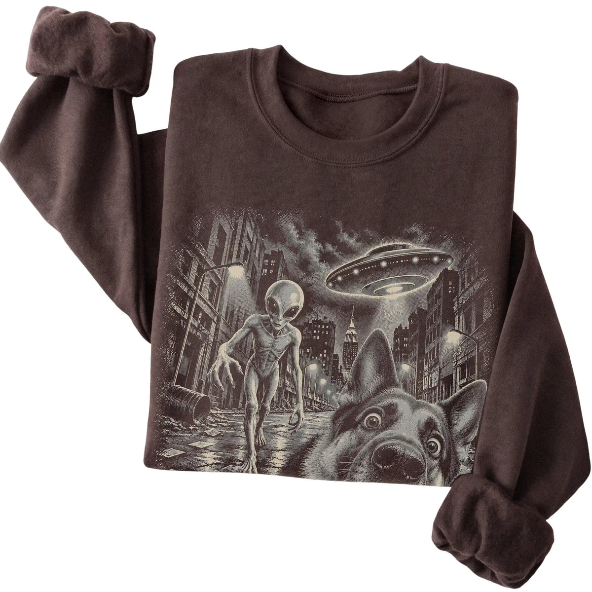 German Shepherd Alien Selfie Gildan Crewneck Sweatshirt in Dark Chocolate, folded view