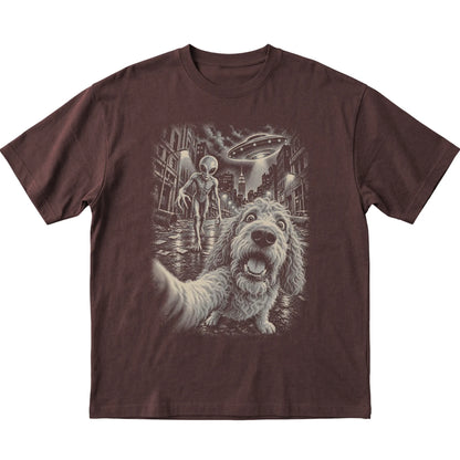 Goldendoodle Alien Selfie Gildan Softstyle T-Shirt in Dark Chocolate, flat view