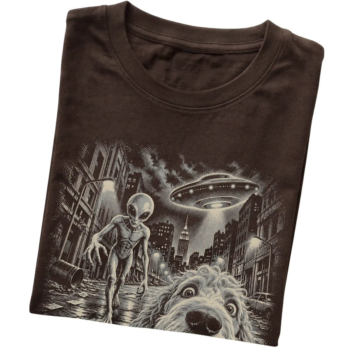 Goldendoodle Alien Selfie Gildan Softstyle T-Shirt in Dark Chocolate, folded view