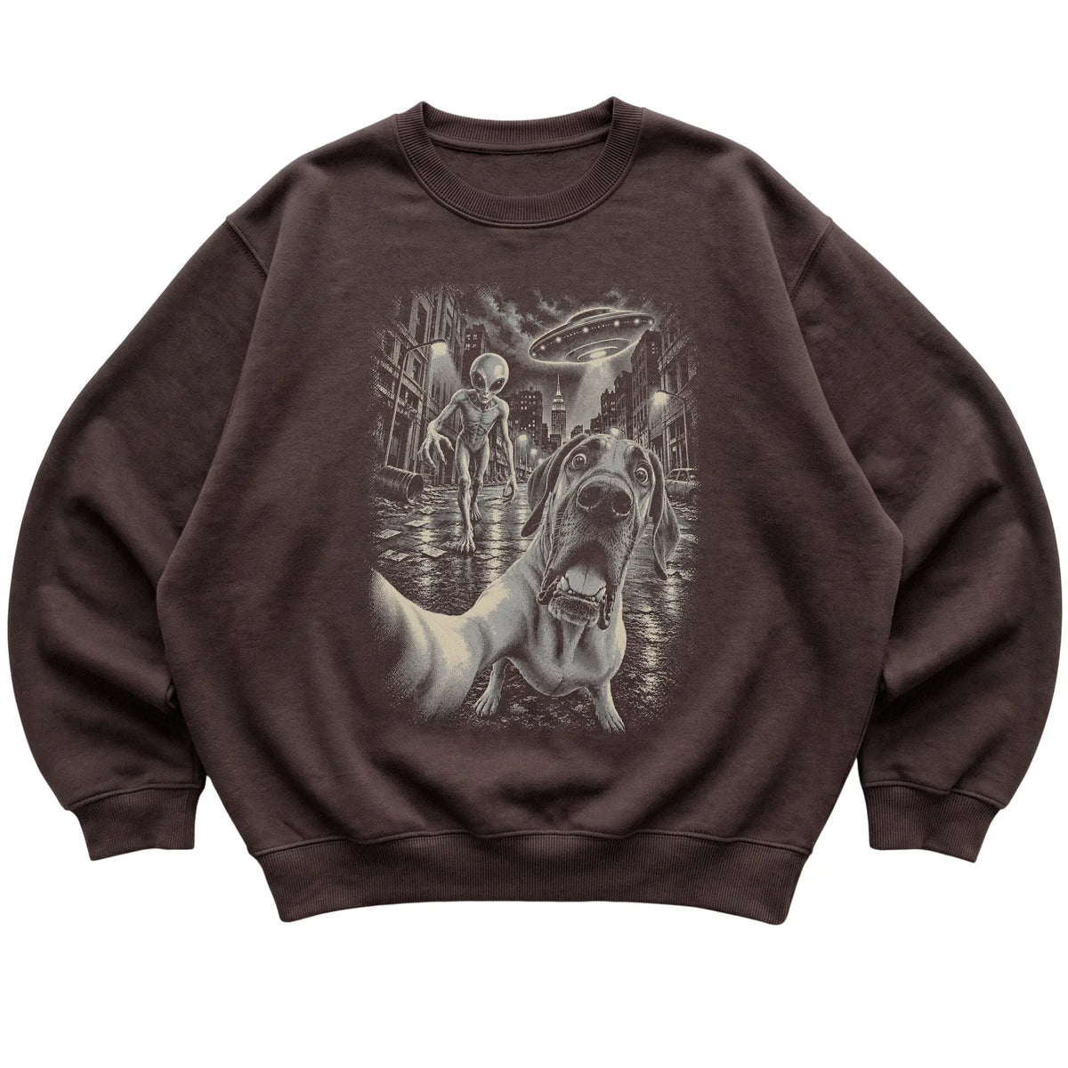Great Dane Alien Selfie Gildan Crewneck Sweatshirt in Dark Chocolate, flat view