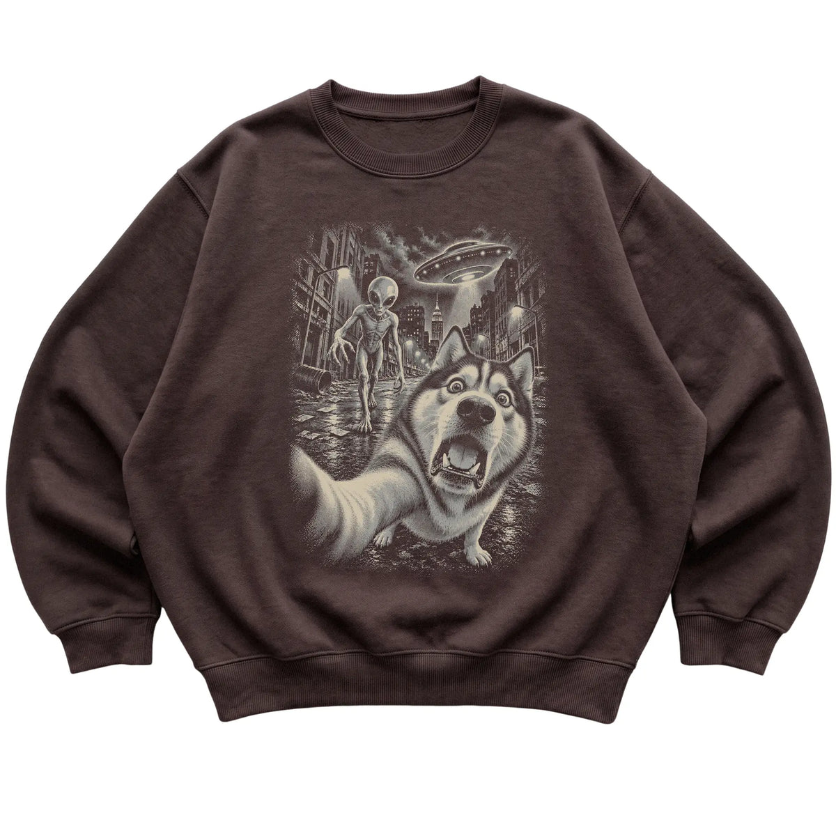 Husky Alien Selfie Gildan Crewneck Sweatshirt in Dark Chocolate, flat view