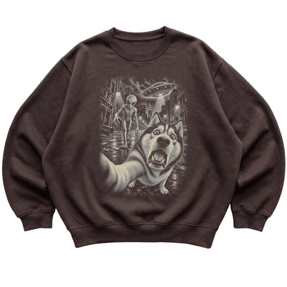 Husky Alien Selfie Gildan Crewneck Sweatshirt in Dark Chocolate, flat view