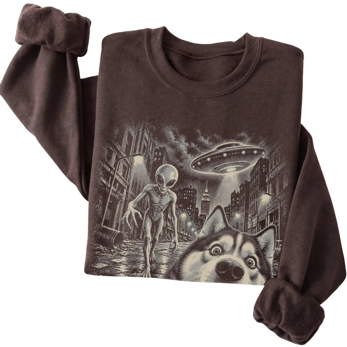 Husky Alien Selfie Gildan Crewneck Sweatshirt in Dark Chocolate, folded view