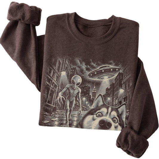 Husky Alien Selfie Gildan Crewneck Sweatshirt in Dark Chocolate, folded view