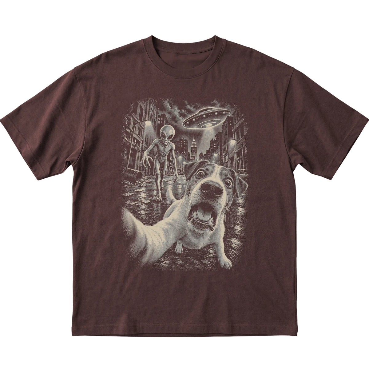Jack Russell Alien Selfie Gildan Softstyle T-Shirt in Dark Chocolate, flat view